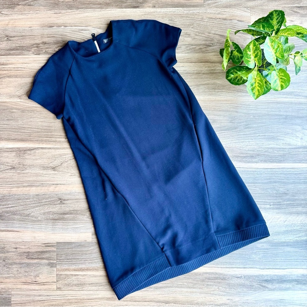 Zara TFR Midnight Blue Ribbed Hem Zip-Up A-Line Mini Dress with Pockets Size S‎